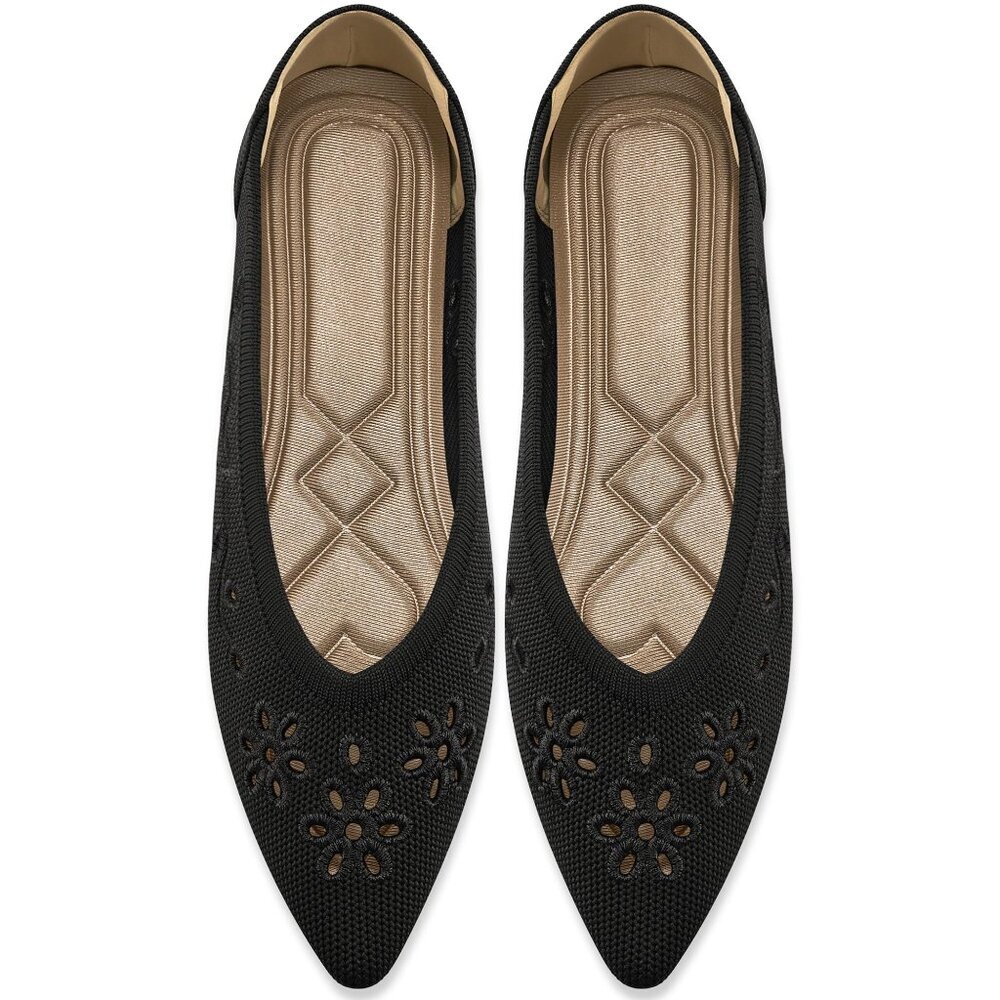 Knitted Ballet Flats Pointed Toe Work Shoes Breathable Floral Eyelets